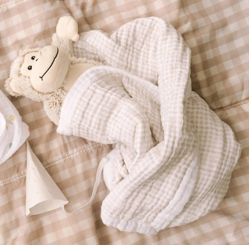 Cotton Muslin Baby Blanket - Tan Gingham