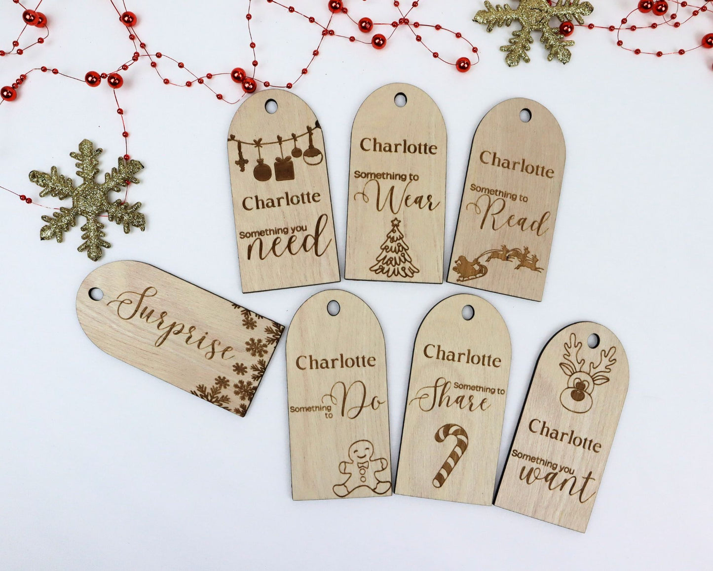 Gift Tags: Want . Need . Wear . Read . Do . Share . Surprise . Set of 7